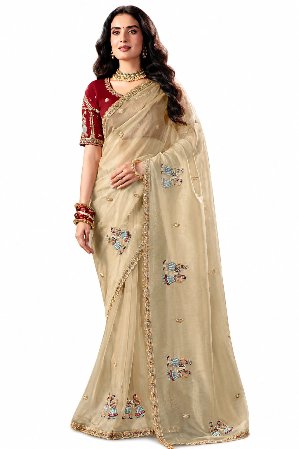 Naksh Creation Beige Fancy Fabric Saree - Naksh Creation