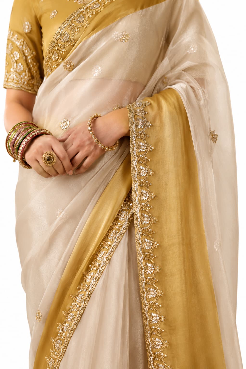 Naksh Creation Cream Gold Fancy Fabric Saree