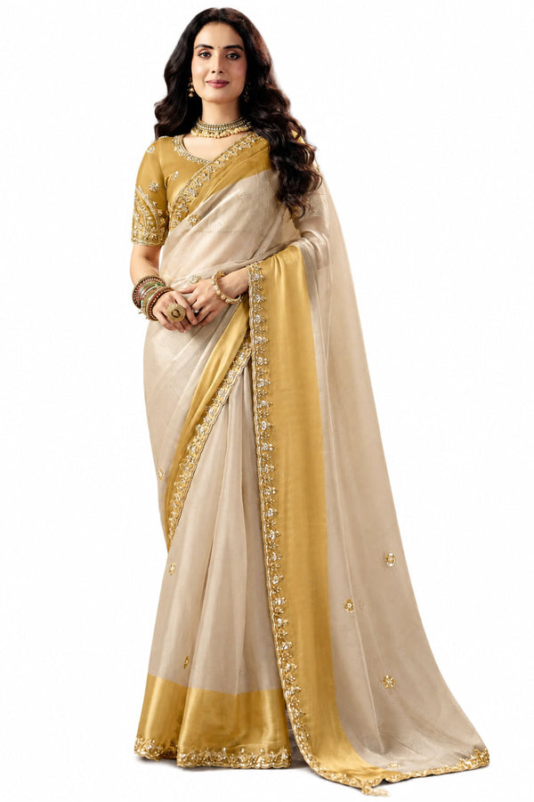 Naksh Creation Cream Gold Fancy Fabric Saree - Naksh Creation