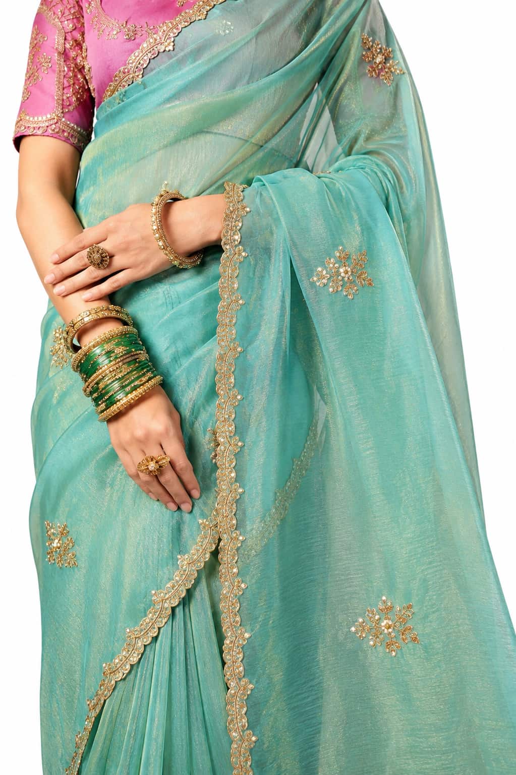 Naksh Creation Mint Green Fancy Fabric Saree