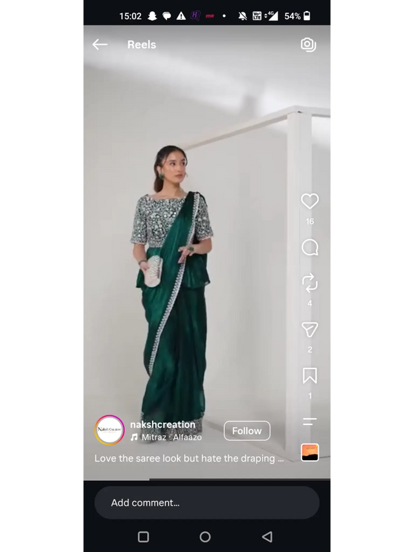Emerald Green Satin Silk Mirror Work Ready to Wear Drape Saree
