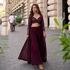 Wine embroidered georgette indo western jacket palazzo set for women