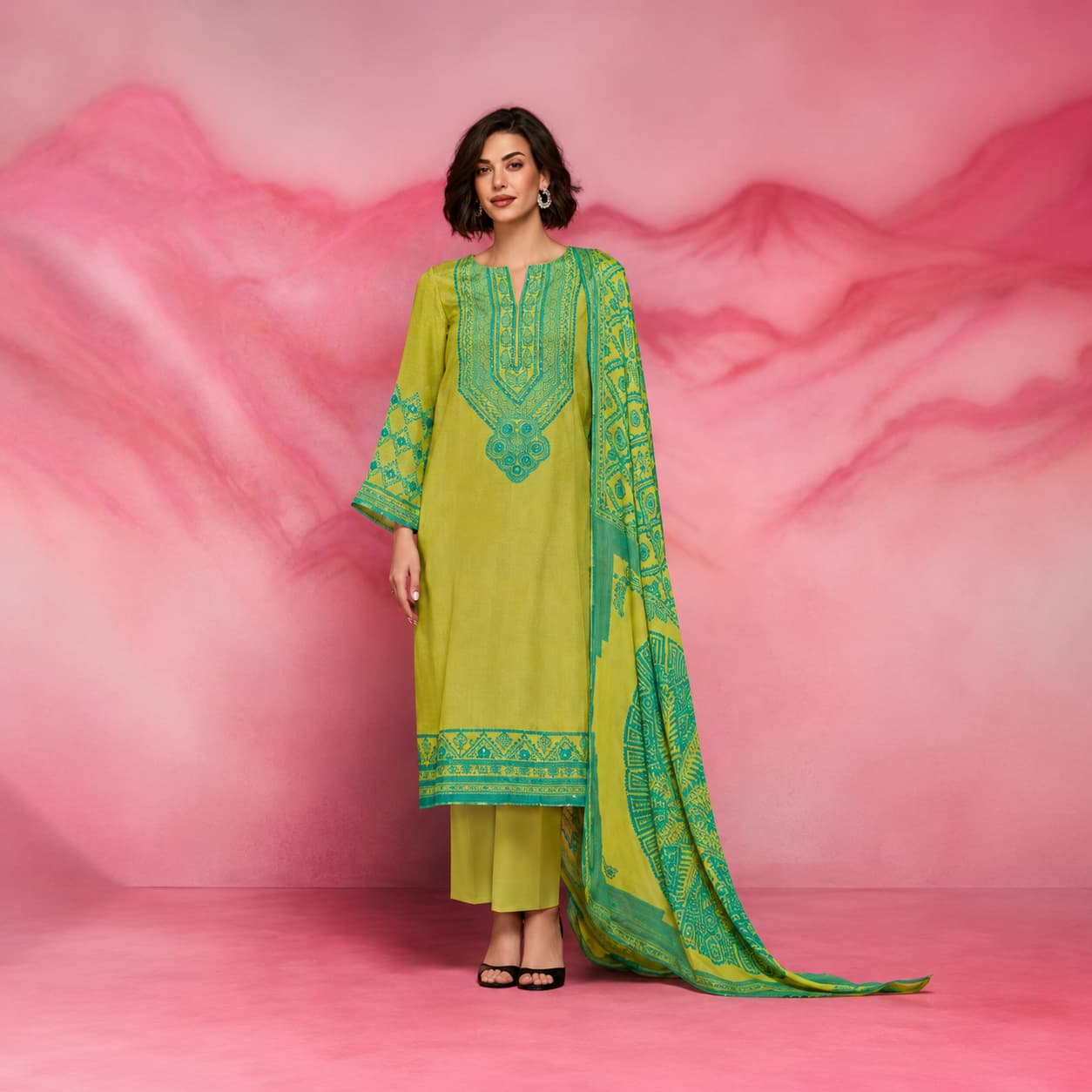 Premium beige and lavender muslin embroidered unstitched salwar kameez with printed chinon dupatta