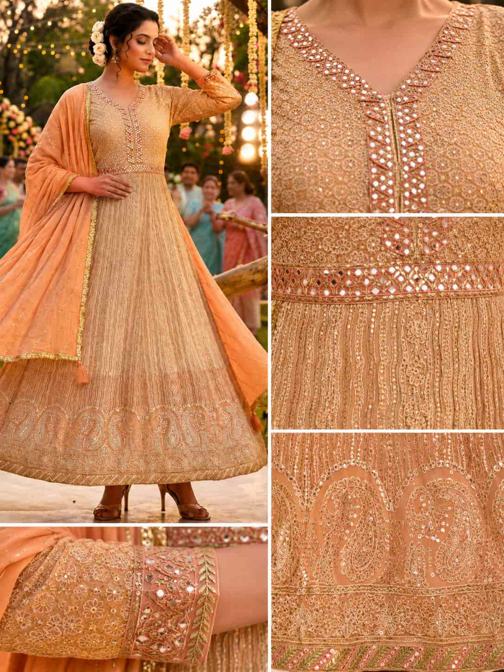 Premium Real Georgette Chikankari Embroidered Readymade Anarkali Suit with Embroidered Dupatta - Peach