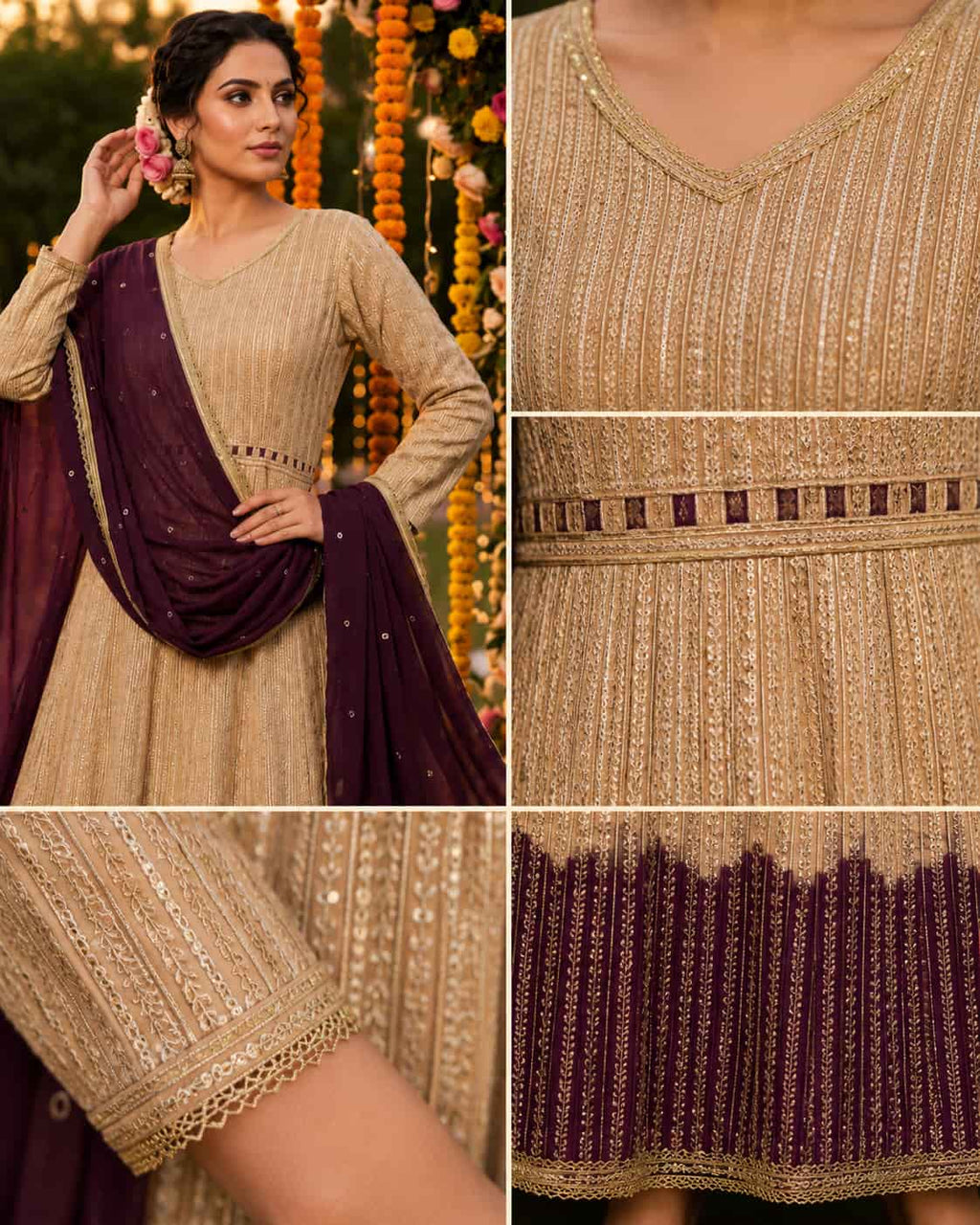 Premium Real Georgette Chikankari Embroidered Readymade Anarkali Suit with Embroidered Dupatta - Beige & Wine