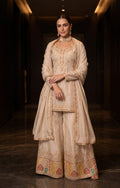 Beige Chinon Embroidered Kurti Set with Palazzo & Dupatta