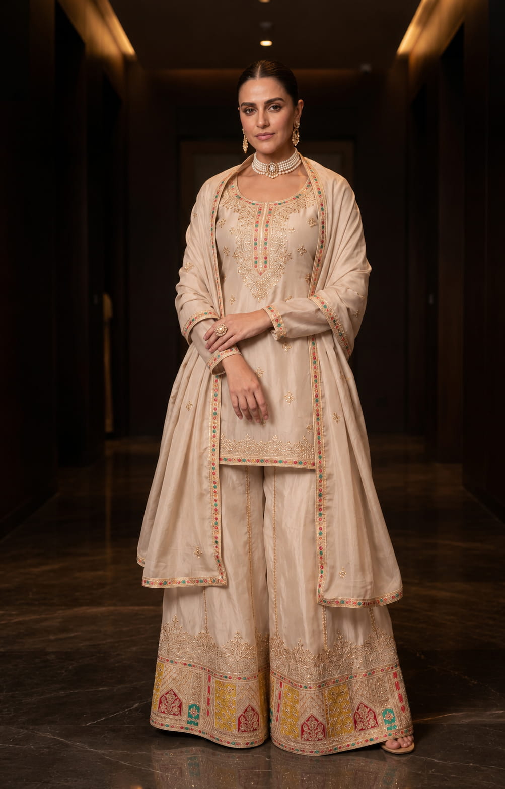 Beige Chinon Embroidered Kurti Set with Palazzo & Dupatta