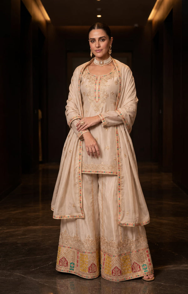 Beige Chinon Embroidered Kurti Set with Palazzo & Dupatta
