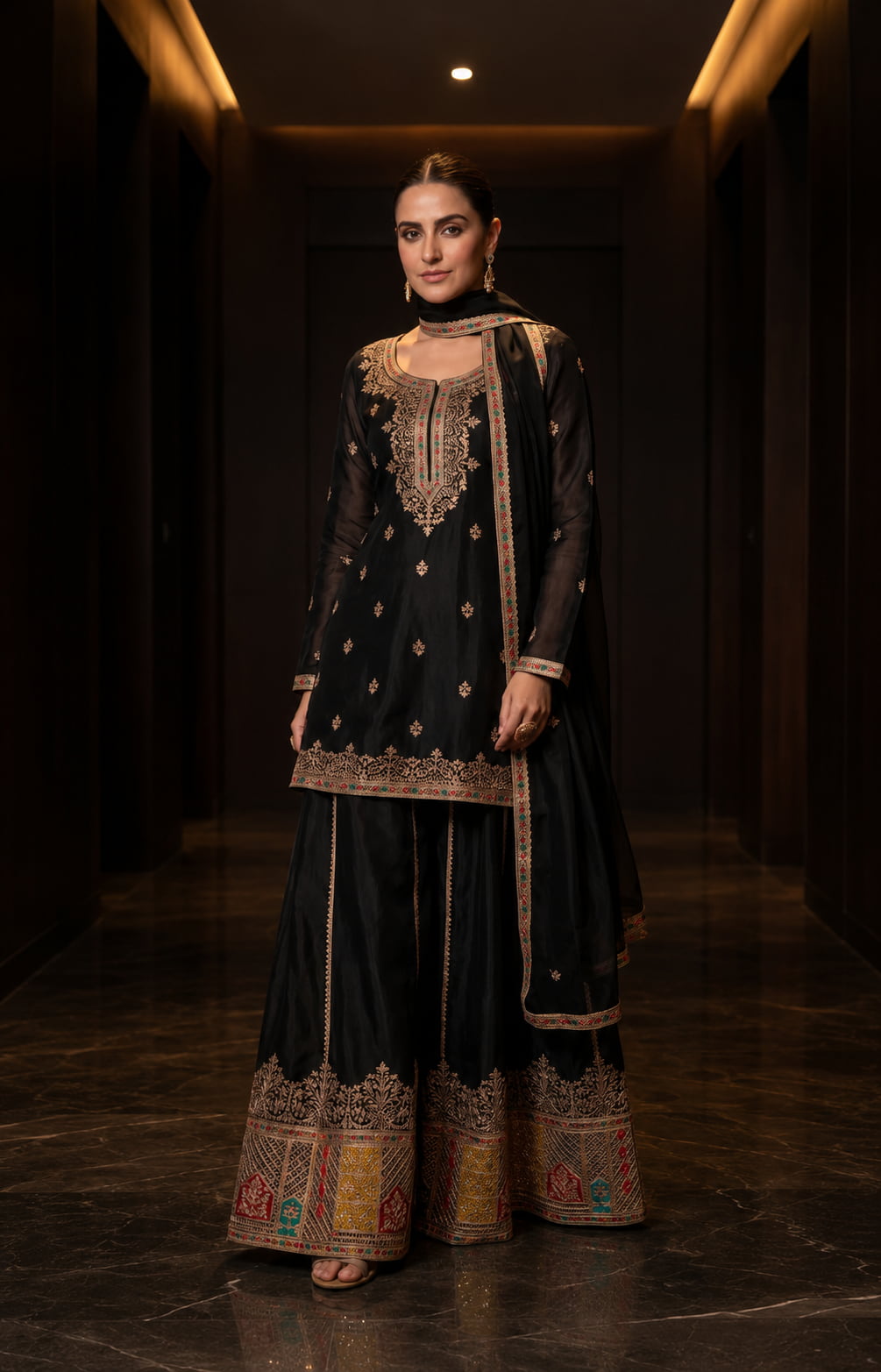 Black Chinon Embroidered Kurti Set with Palazzo & Dupatta