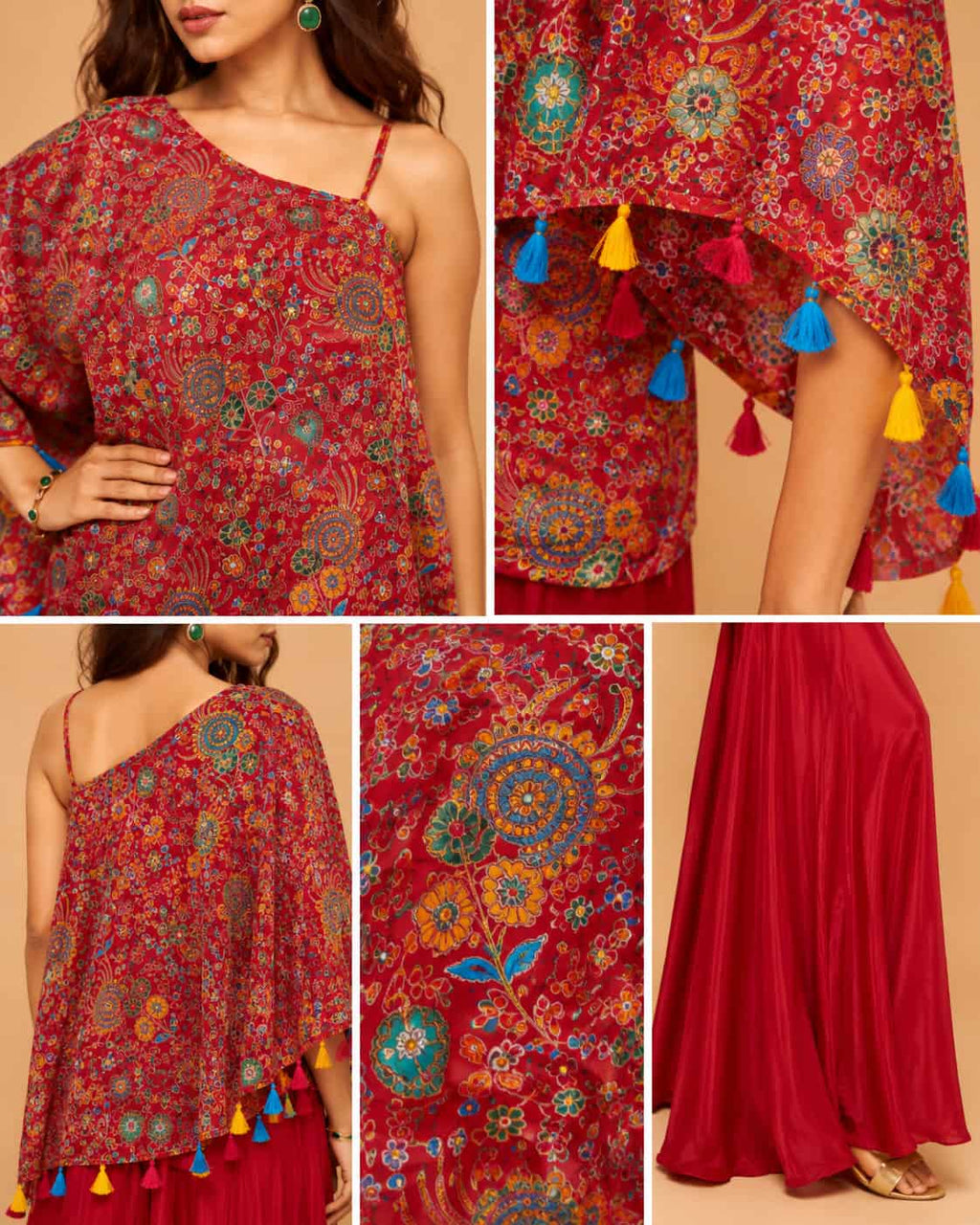 Close-up of front embroidery and floral print on Crimson Red Premium Viscose Natural Crepe Indo Western Top