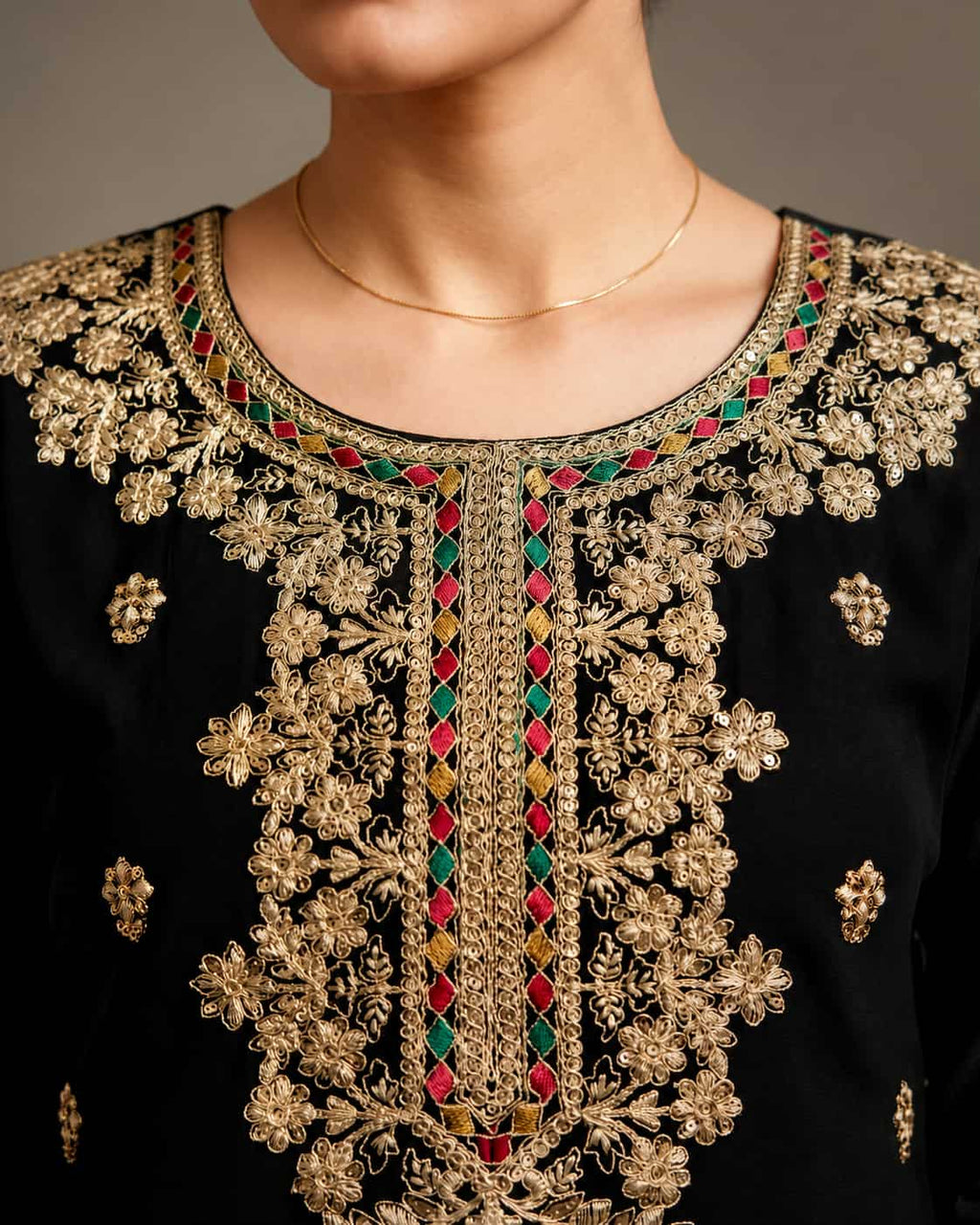 Black Chinon Embroidered Kurti Set with Palazzo & Dupatta