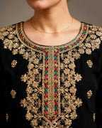 Black Chinon Embroidered Kurti Set with Palazzo & Dupatta