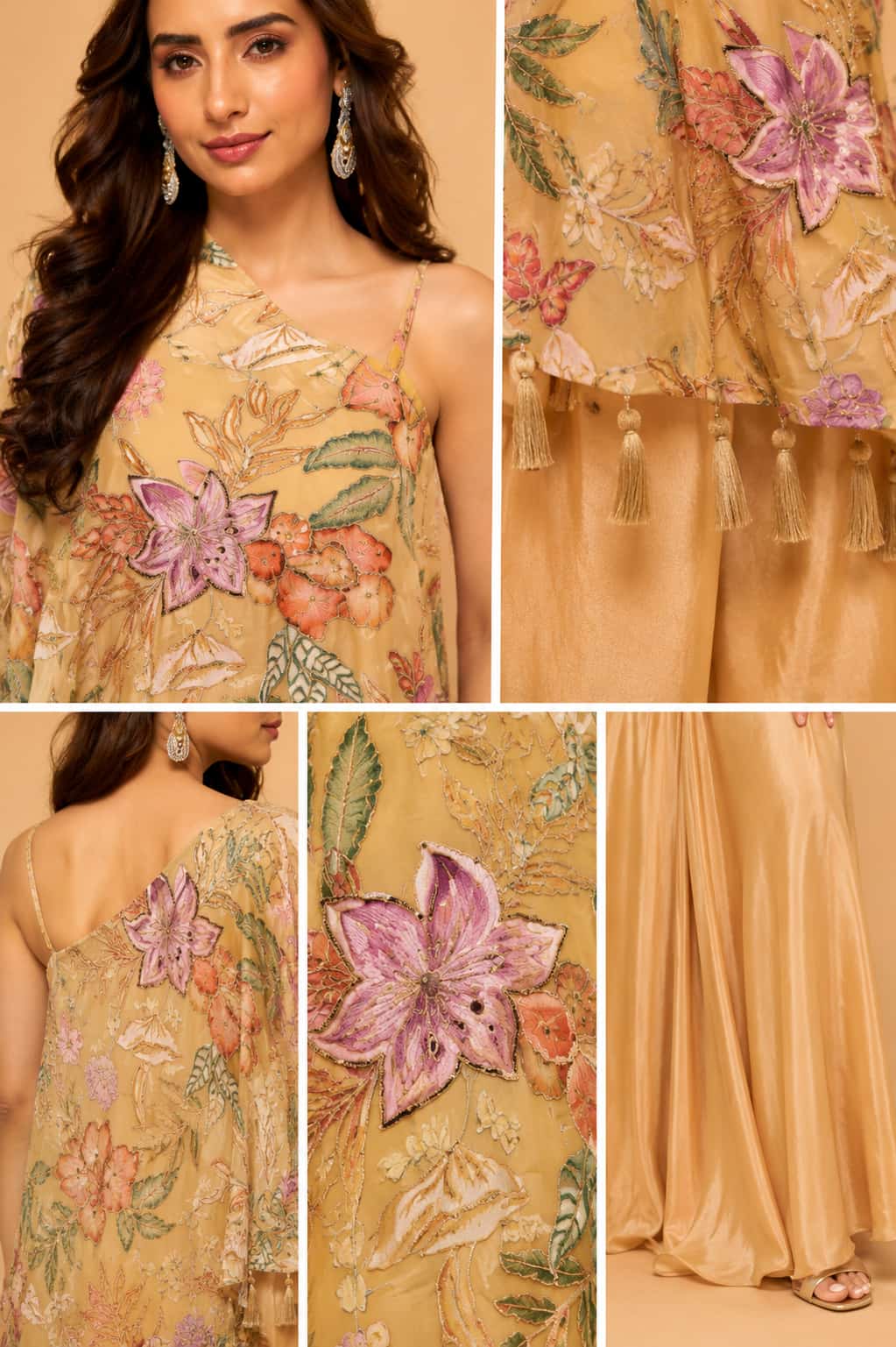 Back view of Beige Gold Premium Viscose Natural Crepe Indo Western Palazzo Set