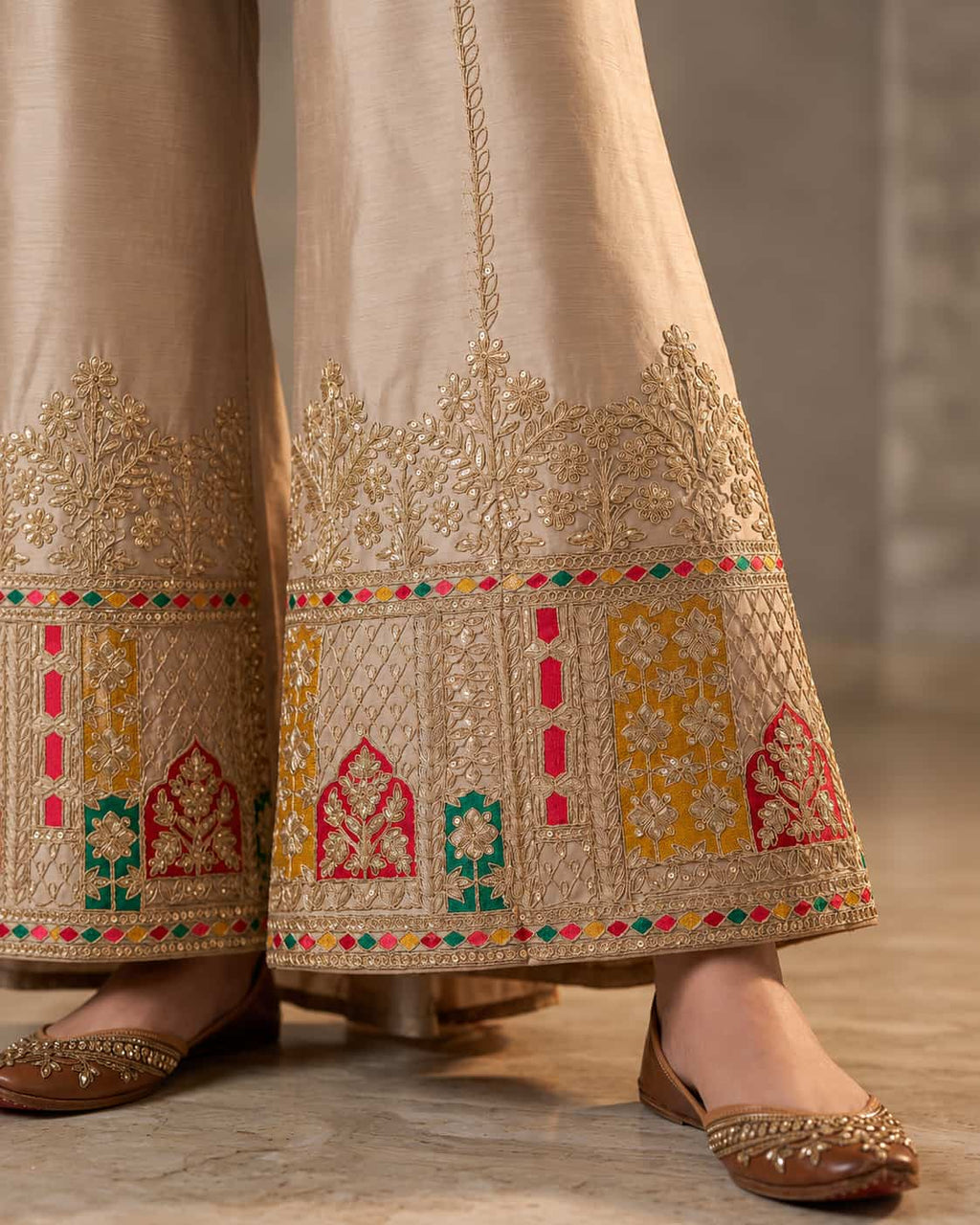 Beige Chinon Embroidered Kurti Set with Palazzo & Dupatta