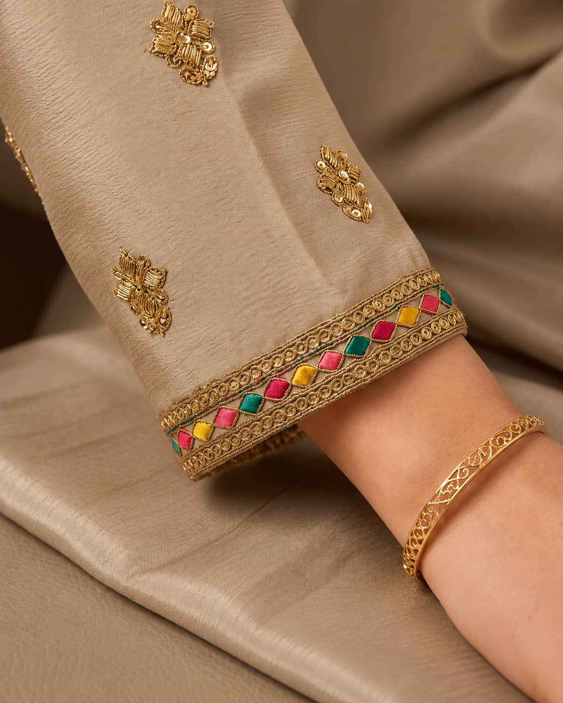 Beige Chinon Embroidered Kurti Set with Palazzo & Dupatta