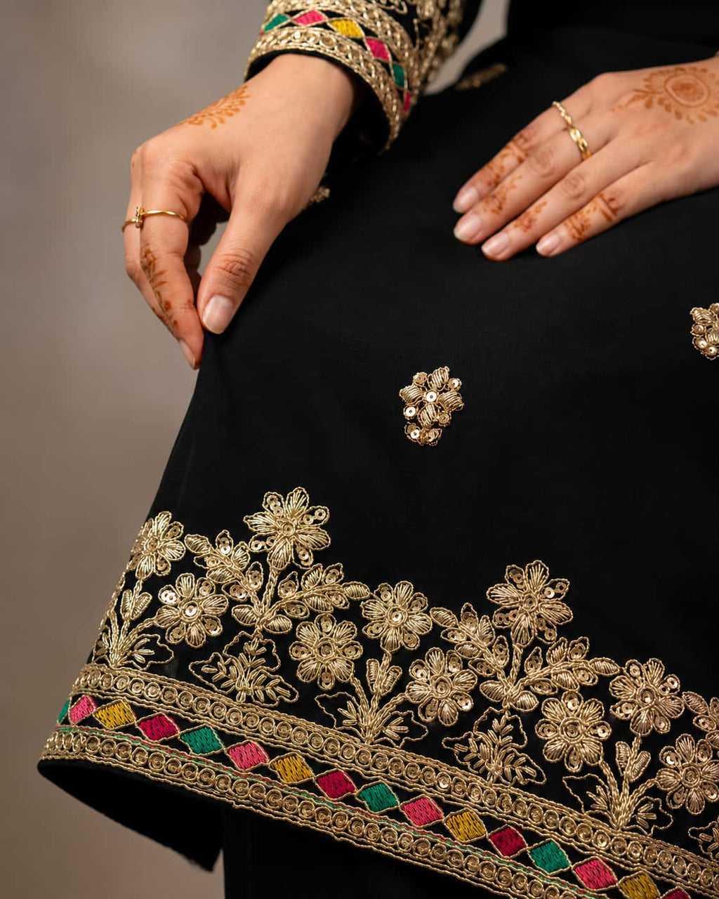 Black Chinon Embroidered Kurti Set with Palazzo & Dupatta