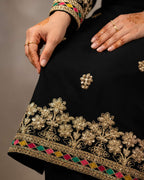 Black Chinon Embroidered Kurti Set with Palazzo & Dupatta