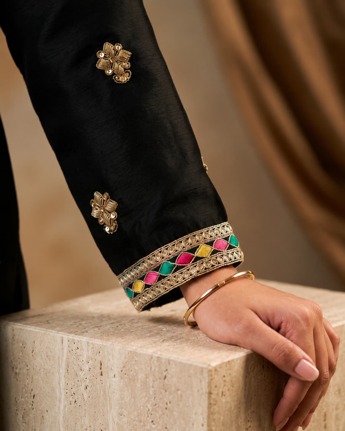 Black Chinon Embroidered Kurti Set with Palazzo & Dupatta