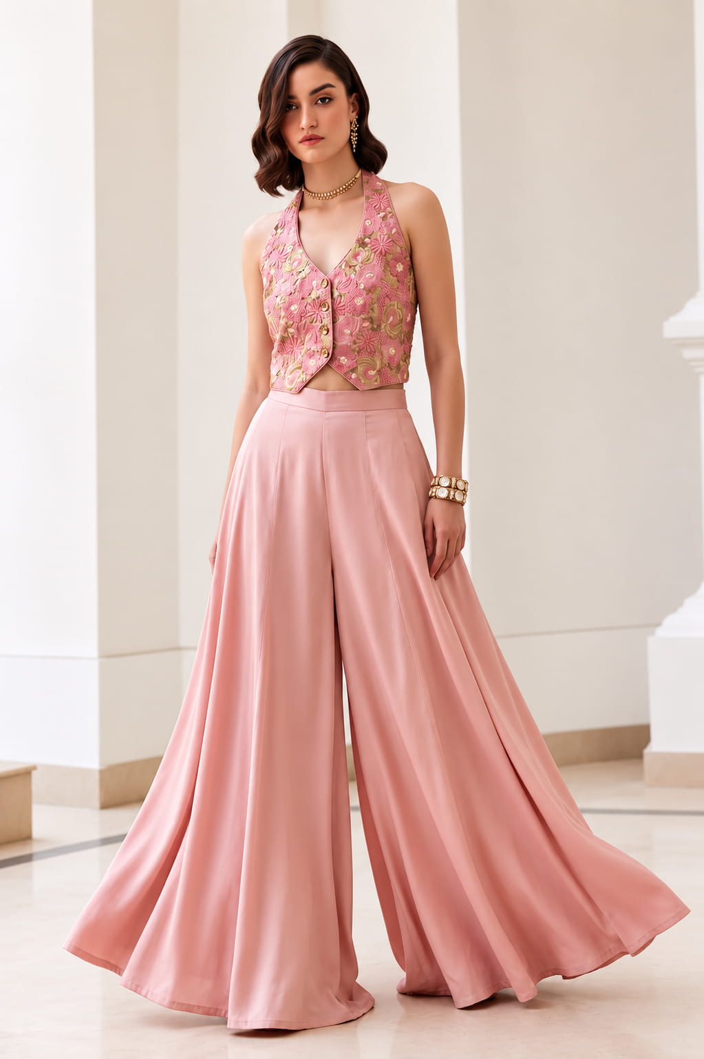 Women's Blush Pink Soft Silk Embroidered Indo Western Palazzo Set – Wedding & Party Wear