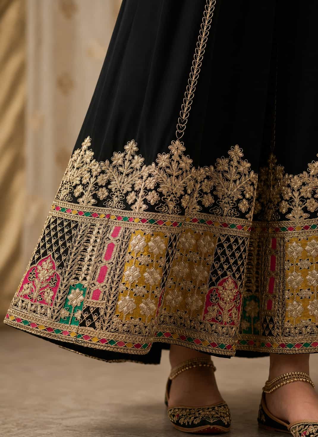 Black Chinon Embroidered Kurti Set with Palazzo & Dupatta