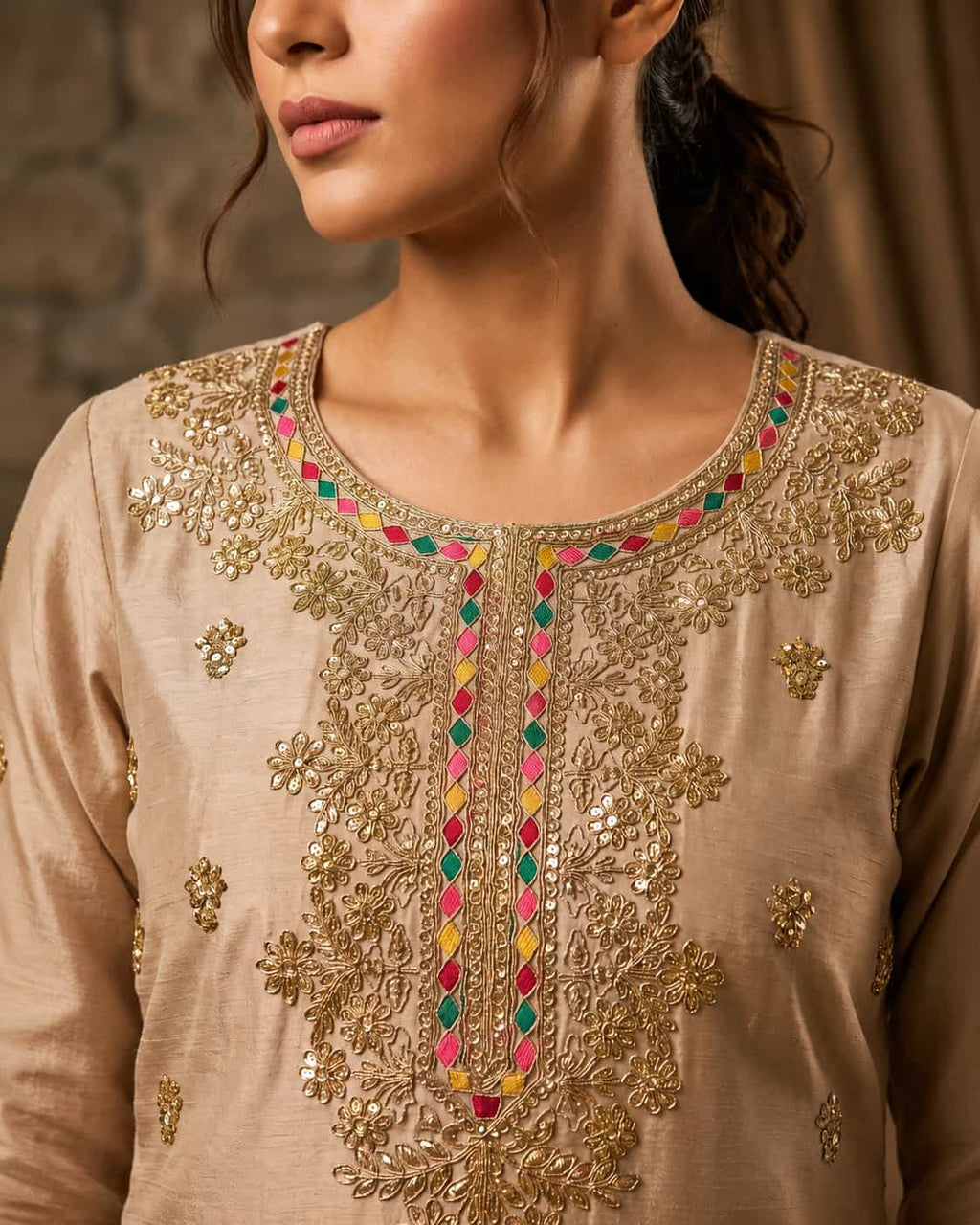 Beige Chinon Embroidered Kurti Set with Palazzo & Dupatta