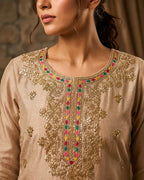 Beige Chinon Embroidered Kurti Set with Palazzo & Dupatta