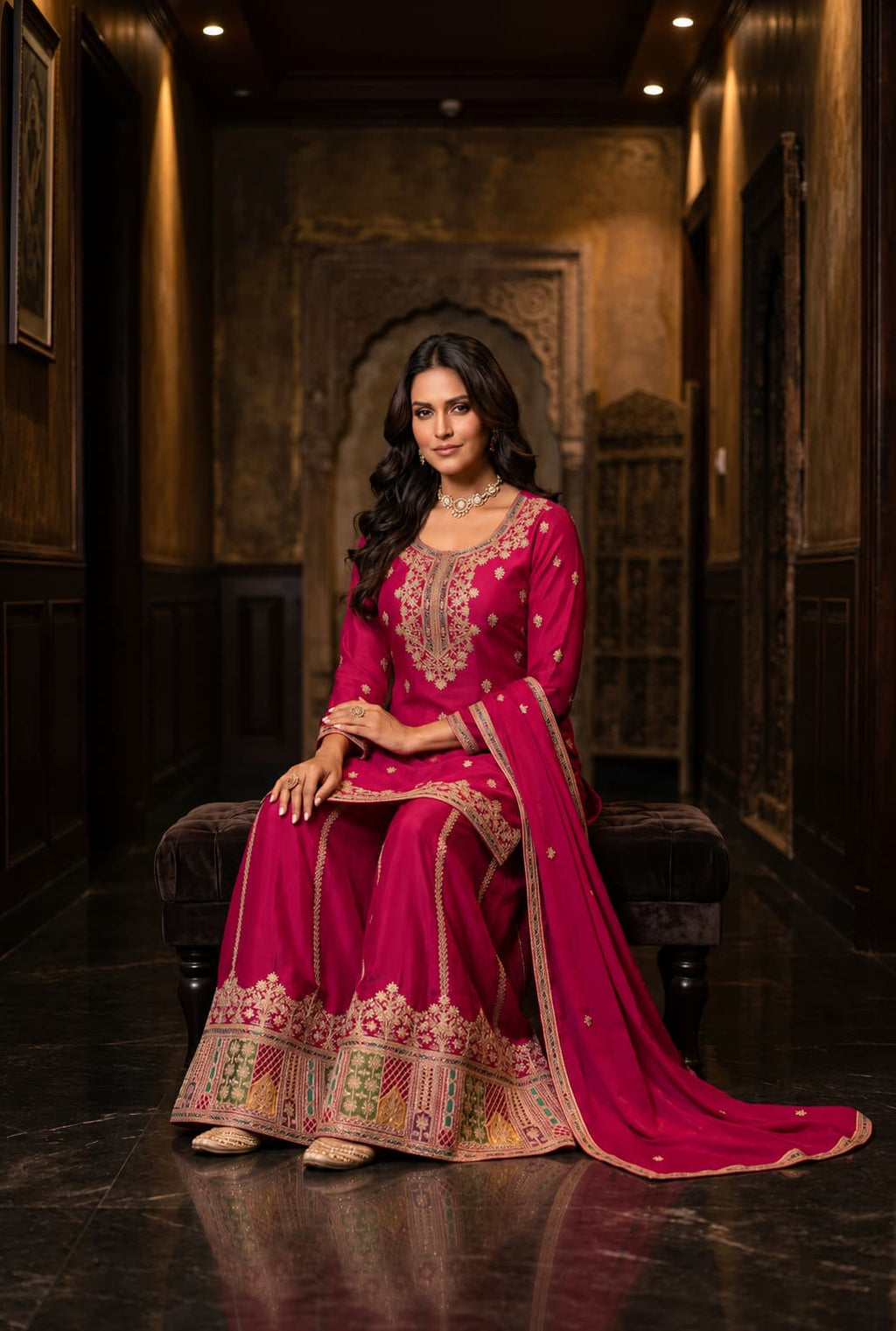 Rani Pink Chinon Embroidered Kurti Set with Palazzo & Dupatta