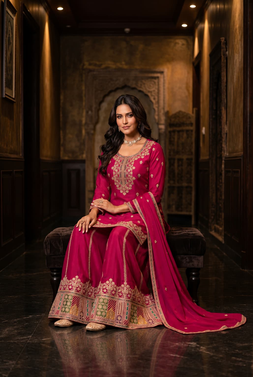 Rani Pink Chinon Embroidered Kurti Set with Palazzo & Dupatta