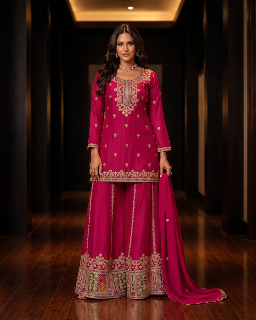 Rani Pink Chinon Embroidered Kurti Set with Palazzo & Dupatta