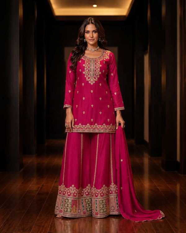 Rani Pink Chinon Embroidered Kurti Set with Palazzo & Dupatta
