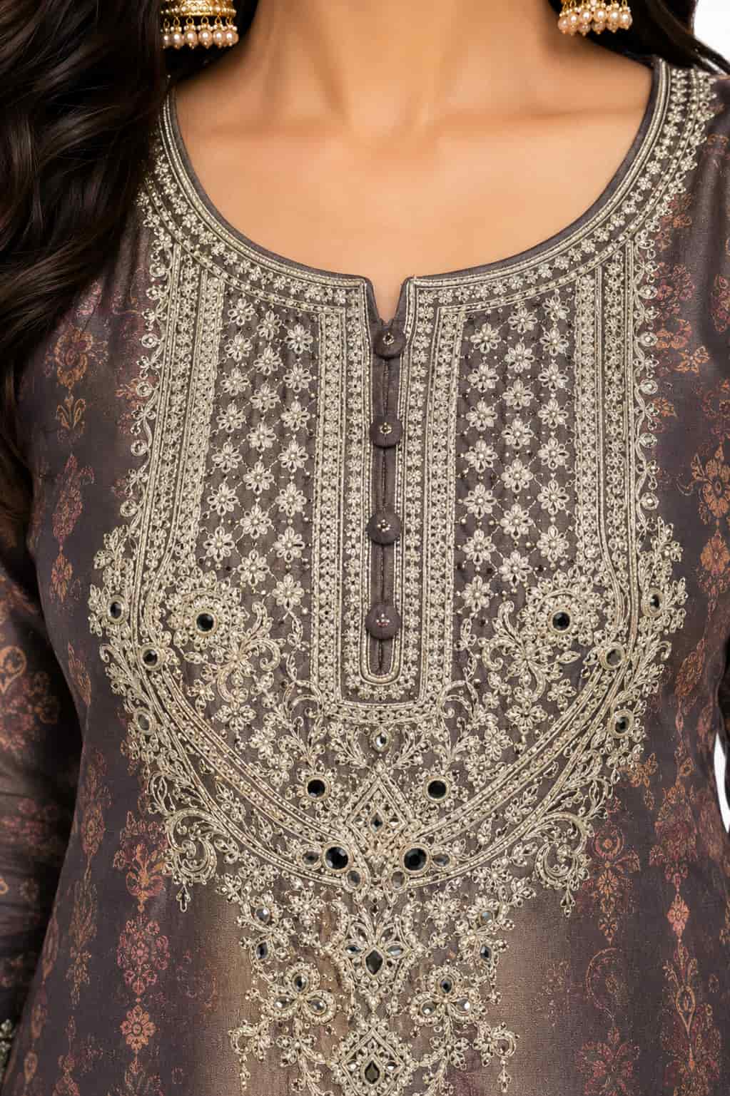Taupe Brown Chinon Embroidery Yoke Close Up