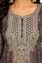 Taupe Brown Chinon Embroidery Yoke Close Up