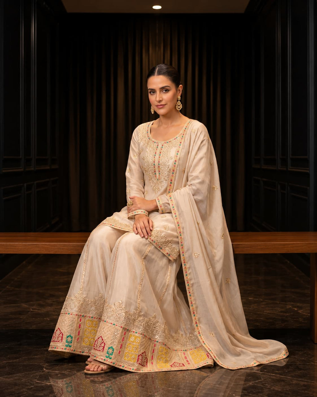 Beige Chinon Embroidered Kurti Set with Palazzo & Dupatta