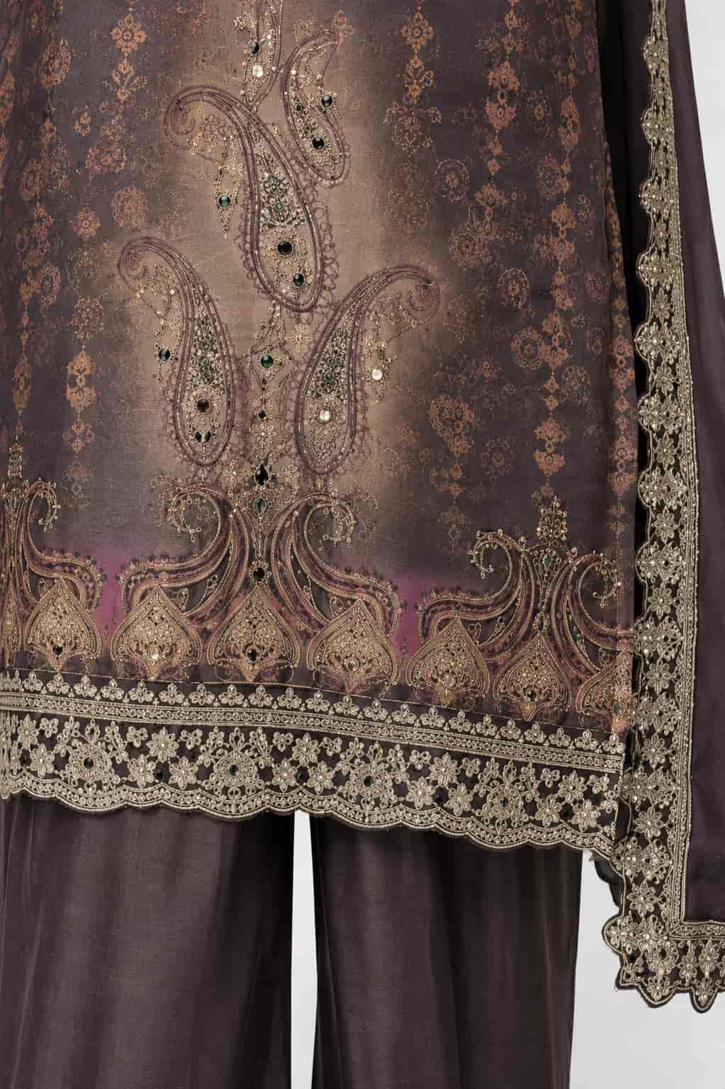 Taupe Brown Chinon Hemline Embroidery Close Up