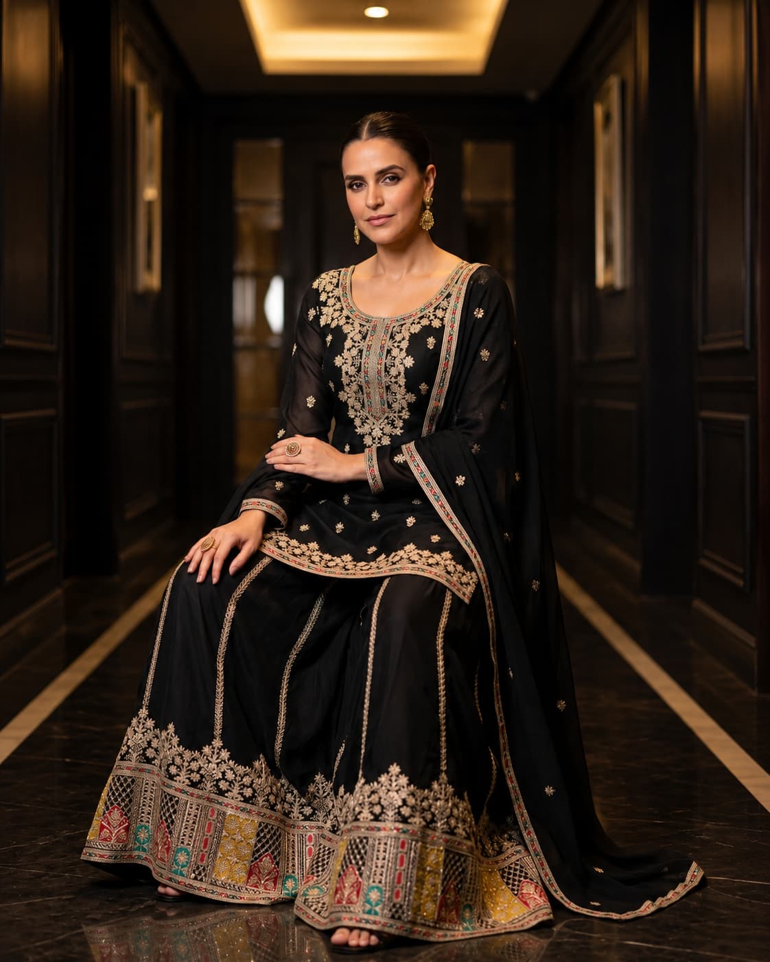Black Chinon Embroidered Kurti Set with Palazzo & Dupatta