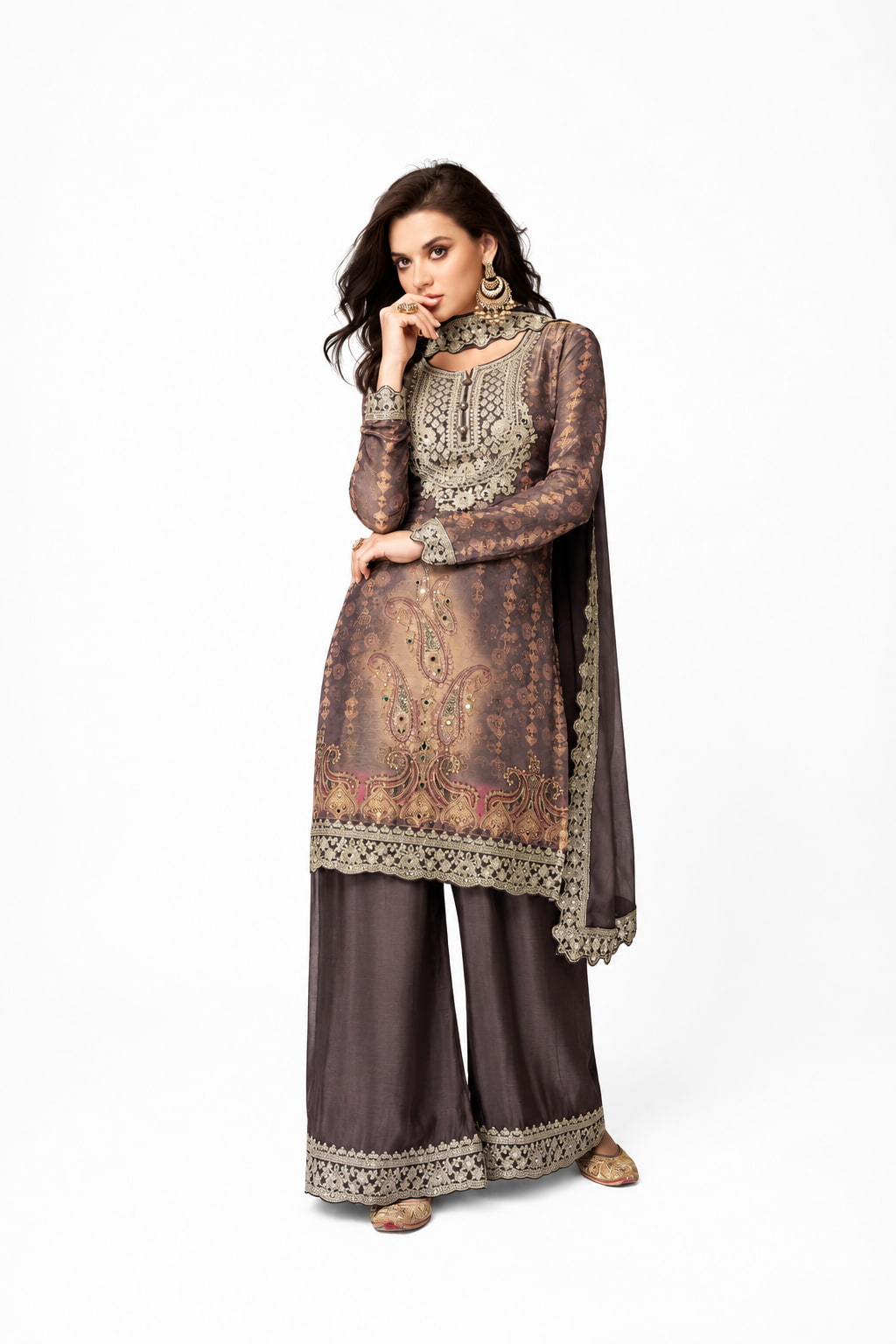 Taupe Brown Chinon Digital Print Embroidered Palazzo Suit Front View