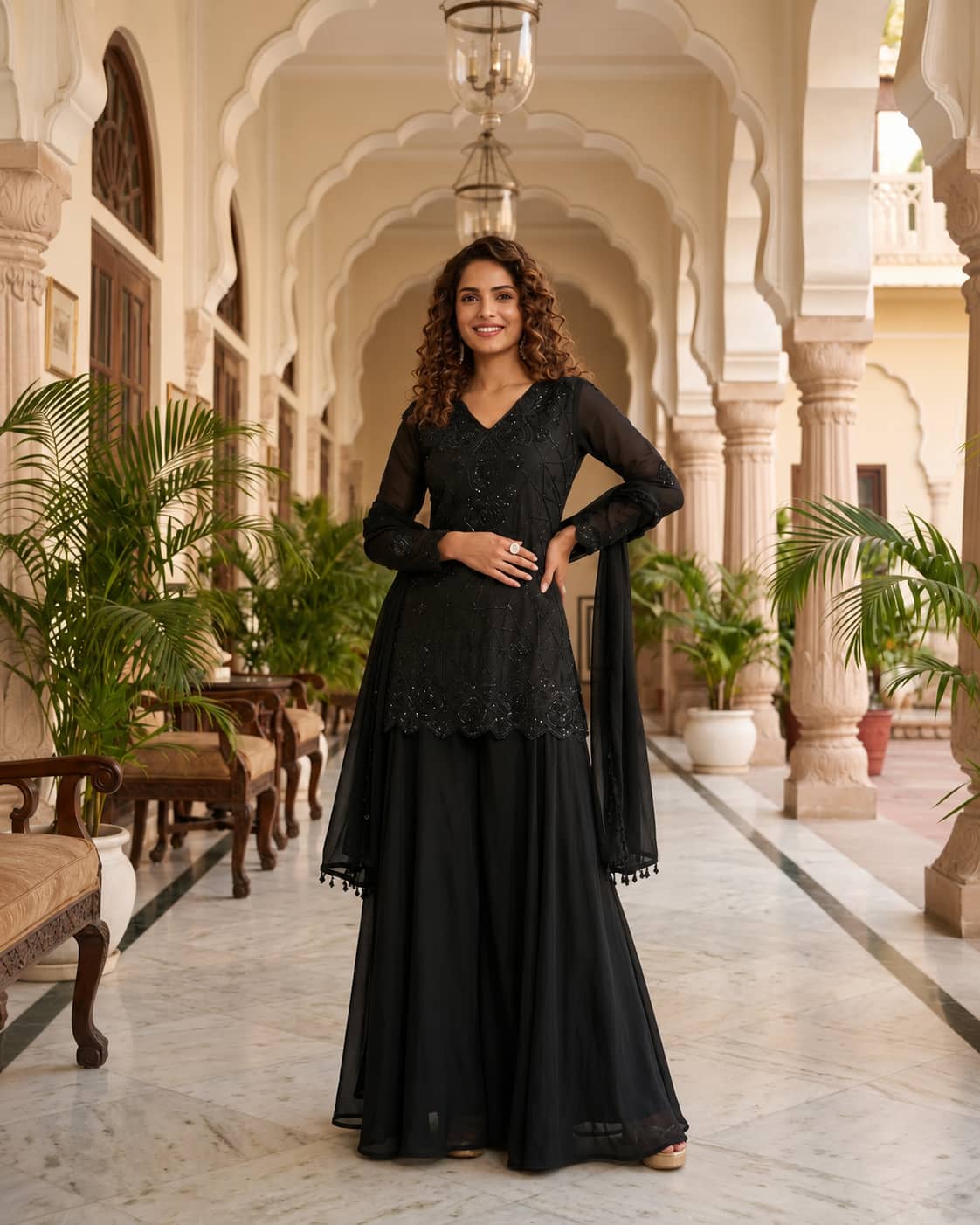 Premium Chinon Beads Work Palazzo Suit Set - Black