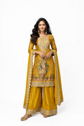 Mustard Yellow Chinon Digital Print Embroidered Palazzo Suit Front View