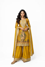 Mustard Yellow Chinon Digital Print Embroidered Palazzo Suit Front View