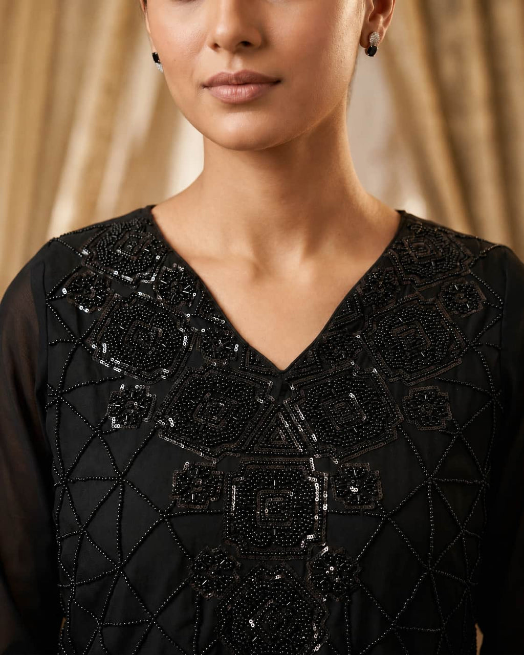 Premium Chinon Beads Work Palazzo Suit Set - Black