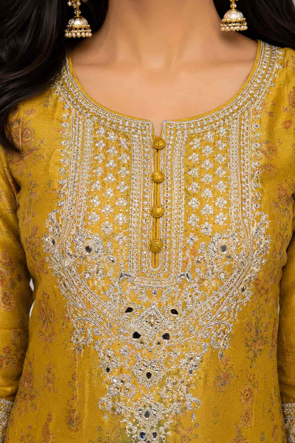 Mustard Yellow Chinon Hemline Embroidery Close Up