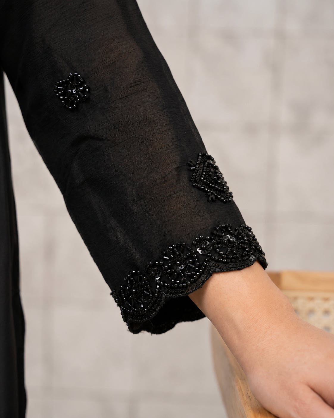Premium Chinon Beads Work Palazzo Suit Set - Black
