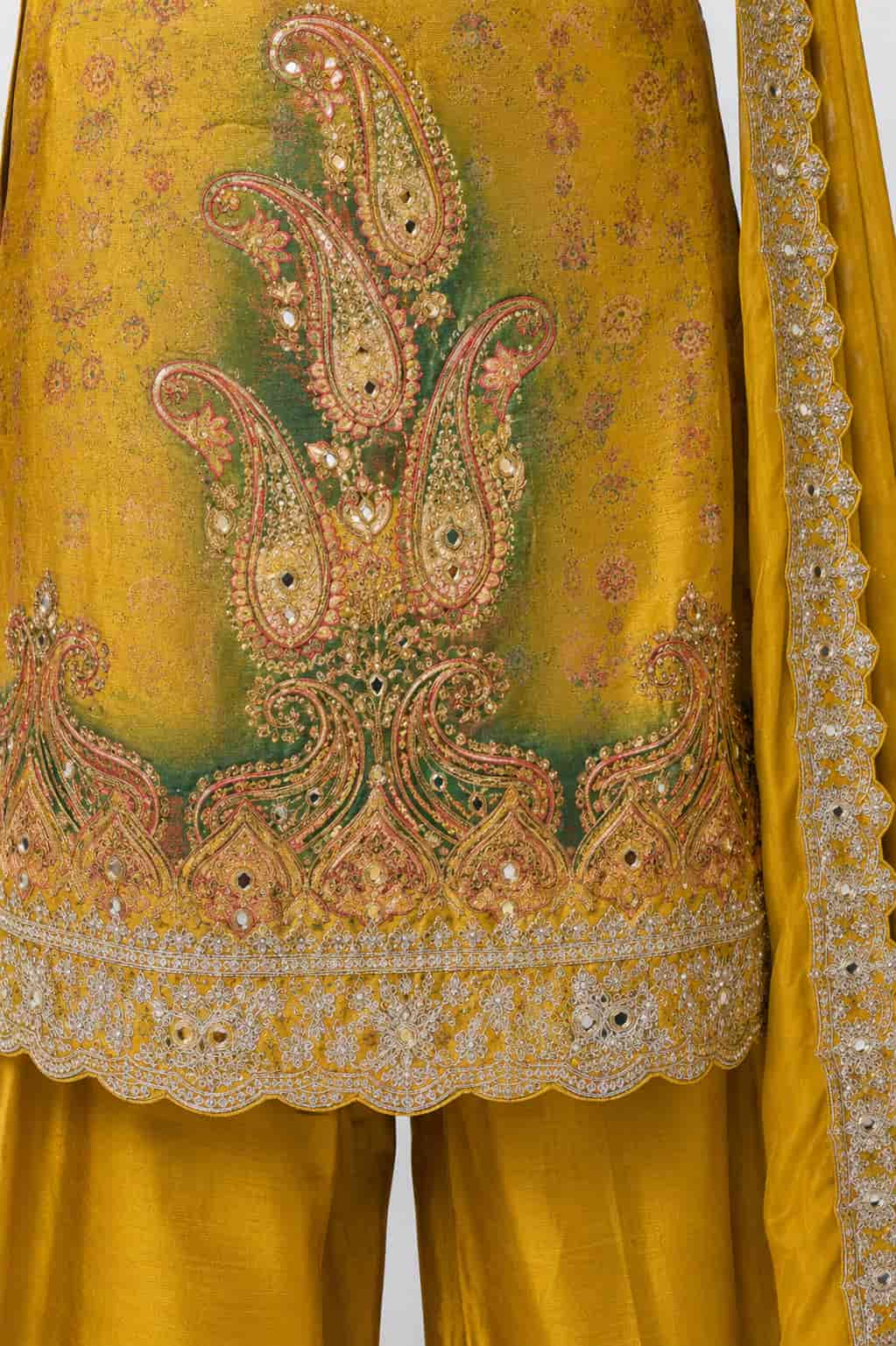 Mustard Yellow Chinon Embroidery Yoke Close Up