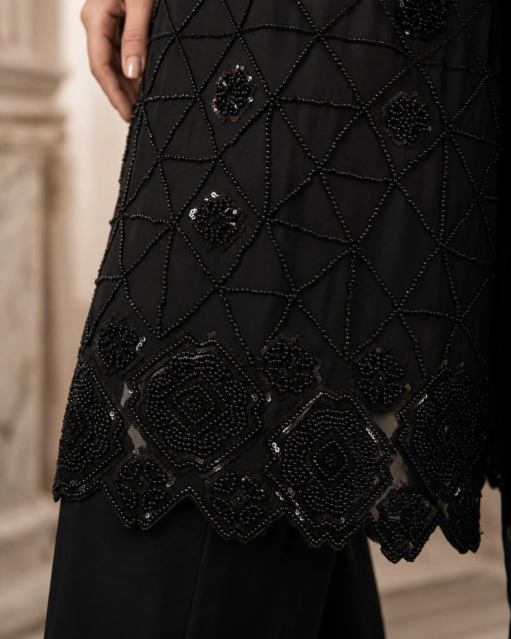 Premium Chinon Beads Work Palazzo Suit Set - Black