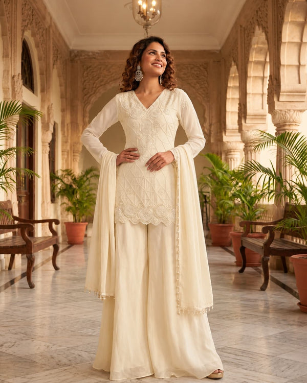 Ivory Chinon Beads Work Palazzo Suit