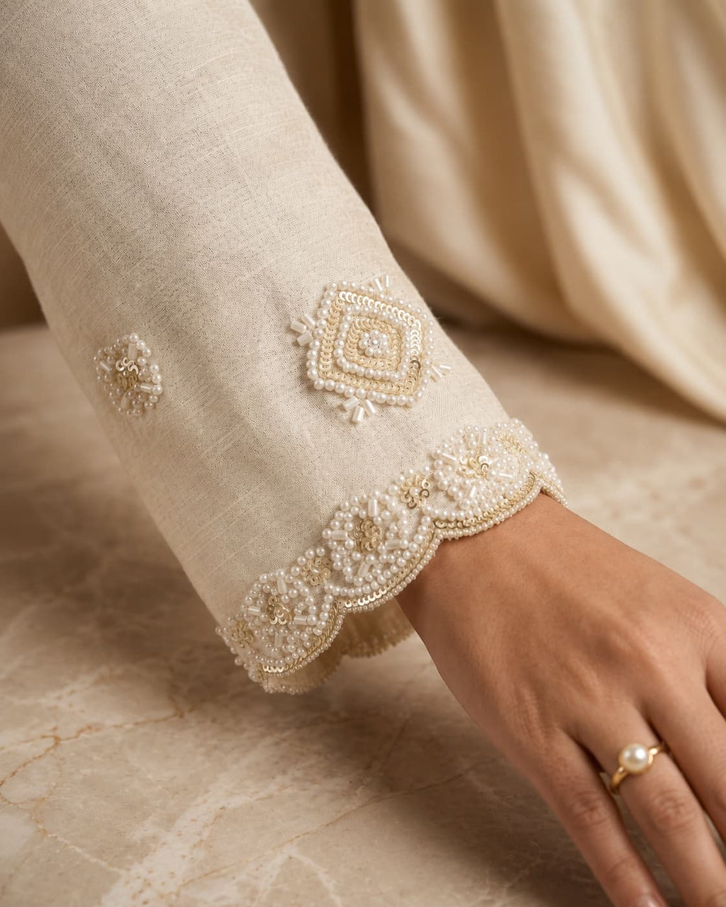 Premium Chinon Beads Work Palazzo Suit Set - Ivory