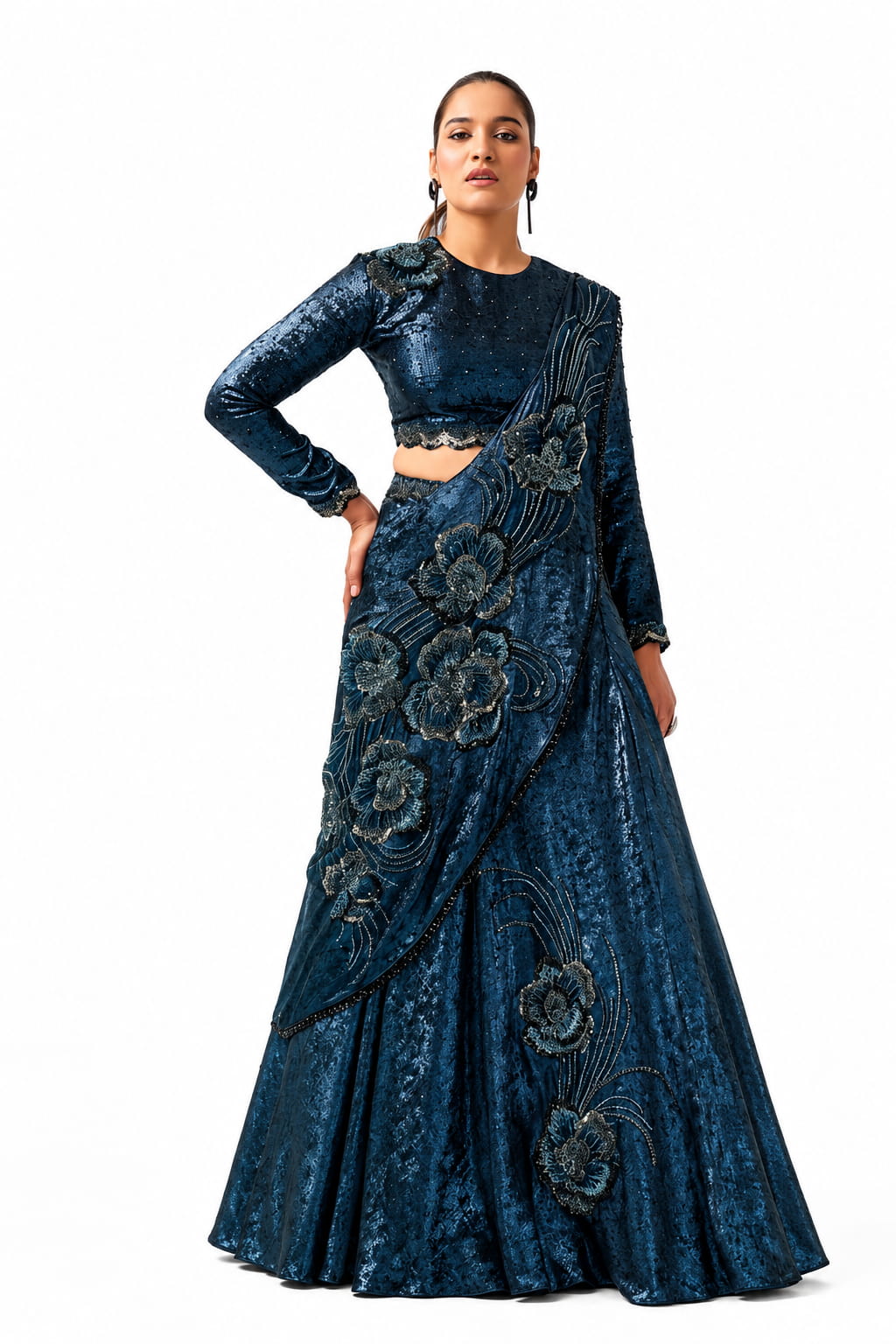 Midnight Blue Metallic Lustrous Satin Silk Beads Cutdana Sequin Work Lehenga Saree