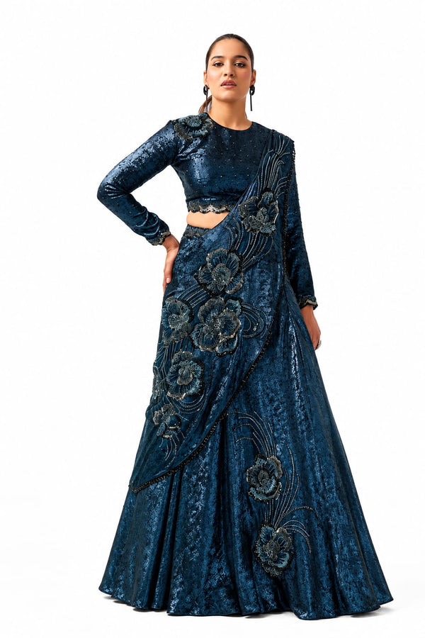 Midnight Blue Metallic Lustrous Satin Silk Beads Cutdana Sequin Work Lehenga Saree