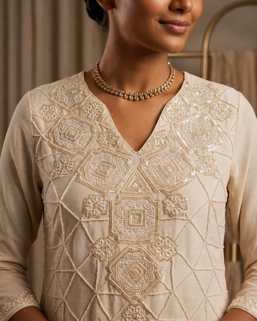 Premium Chinon Beads Work Palazzo Suit Set - Ivory