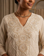 Premium Chinon Beads Work Palazzo Suit Set - Ivory